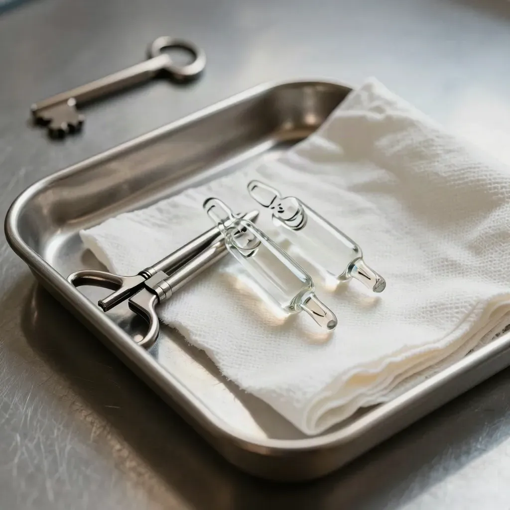 Stainless tray with glass ampoules, spring clamp, and folded gauze in a medical flat lay.