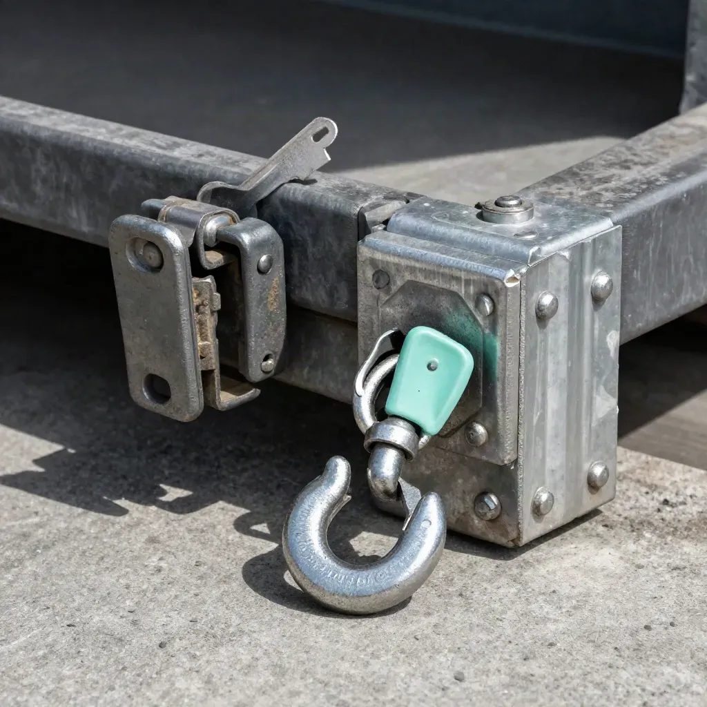 Macro of freight cargo seal locks, tether hook, and aluminum corner fitting on concrete.