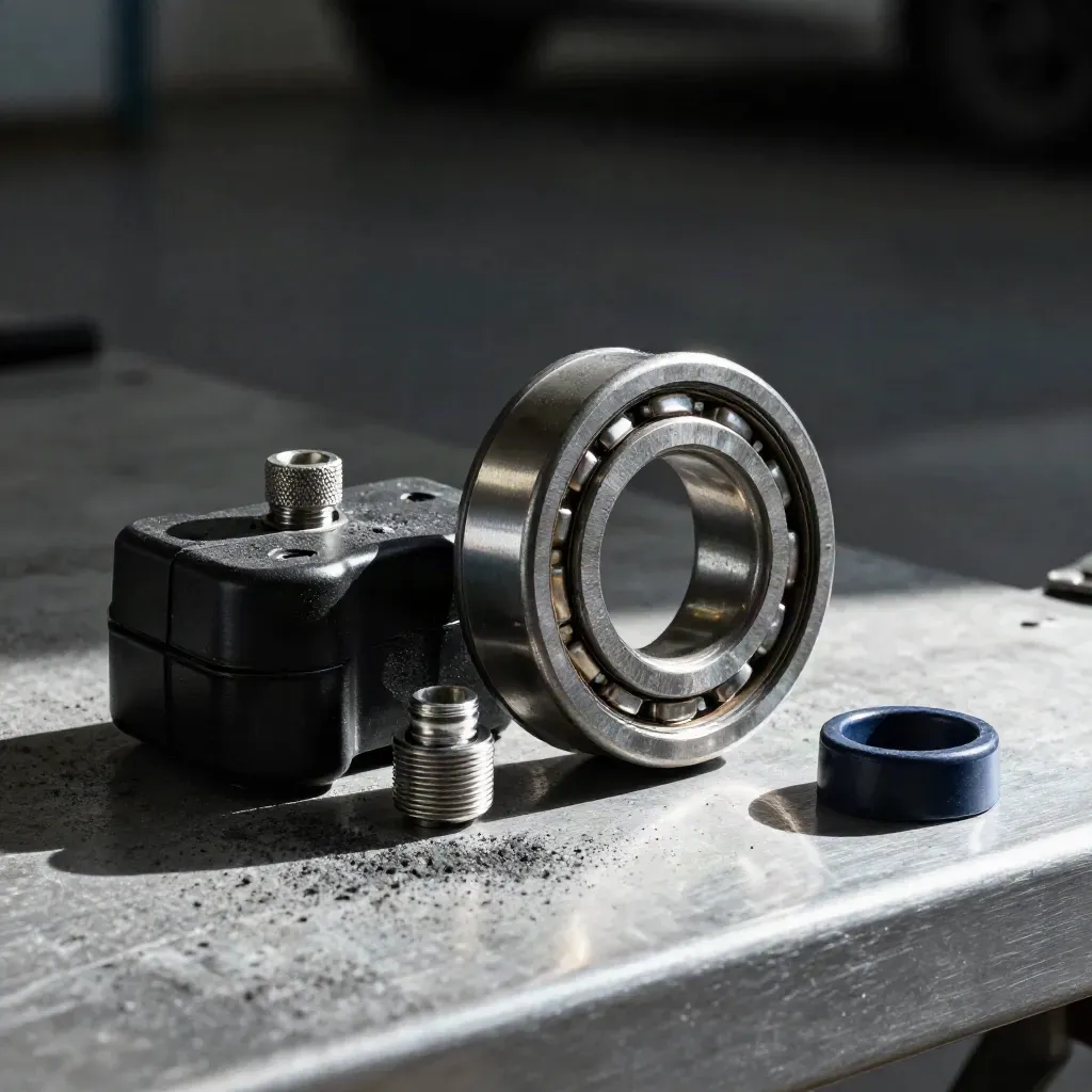 Bearing races, hose clamp, and ignition coil shell on a dim automotive bench.