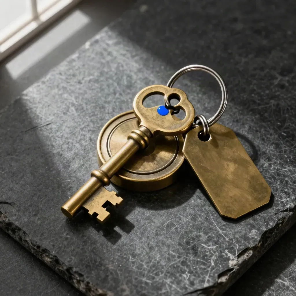 Brass vault key and security tags on dark stone under soft daylight