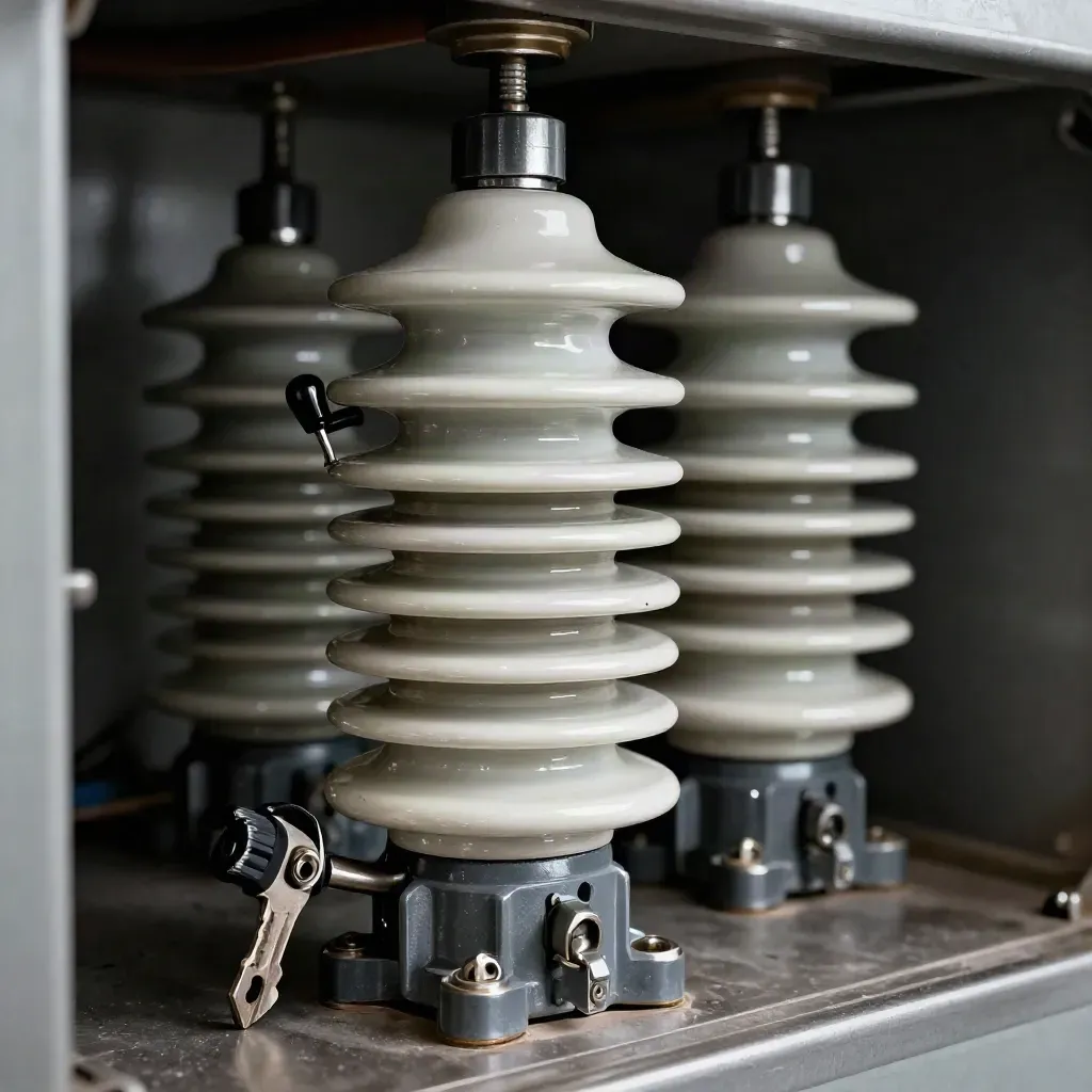 Utility switchgear still life with ceramic insulators, breaker toggle, and relay housing.