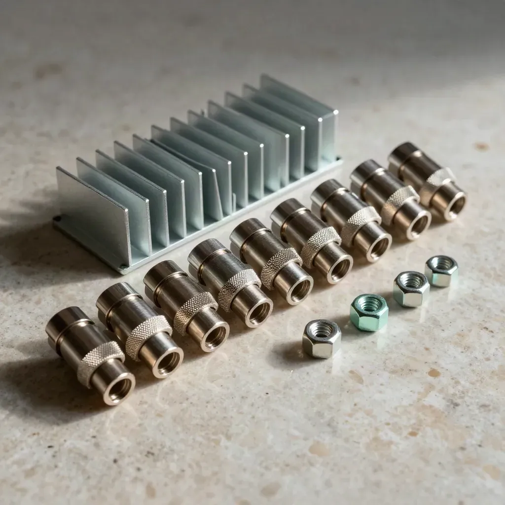 Macro flat lay of cloud hardware parts on travertine with a mint accent