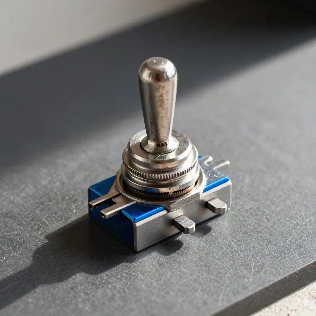 Macro toggle switch assembly with metal stops and shims on graphite, blue accent, hard light.