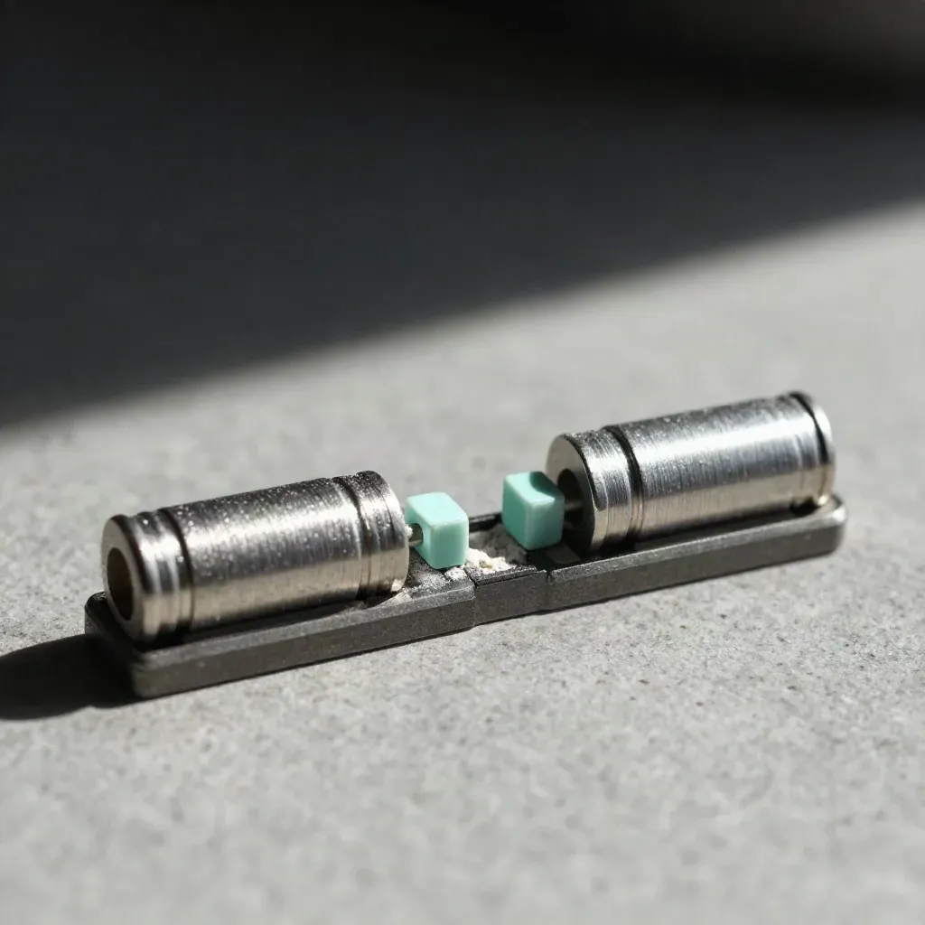 Two brushed-aluminum sample cartridges split by a graphite divider on a matte lab surface.