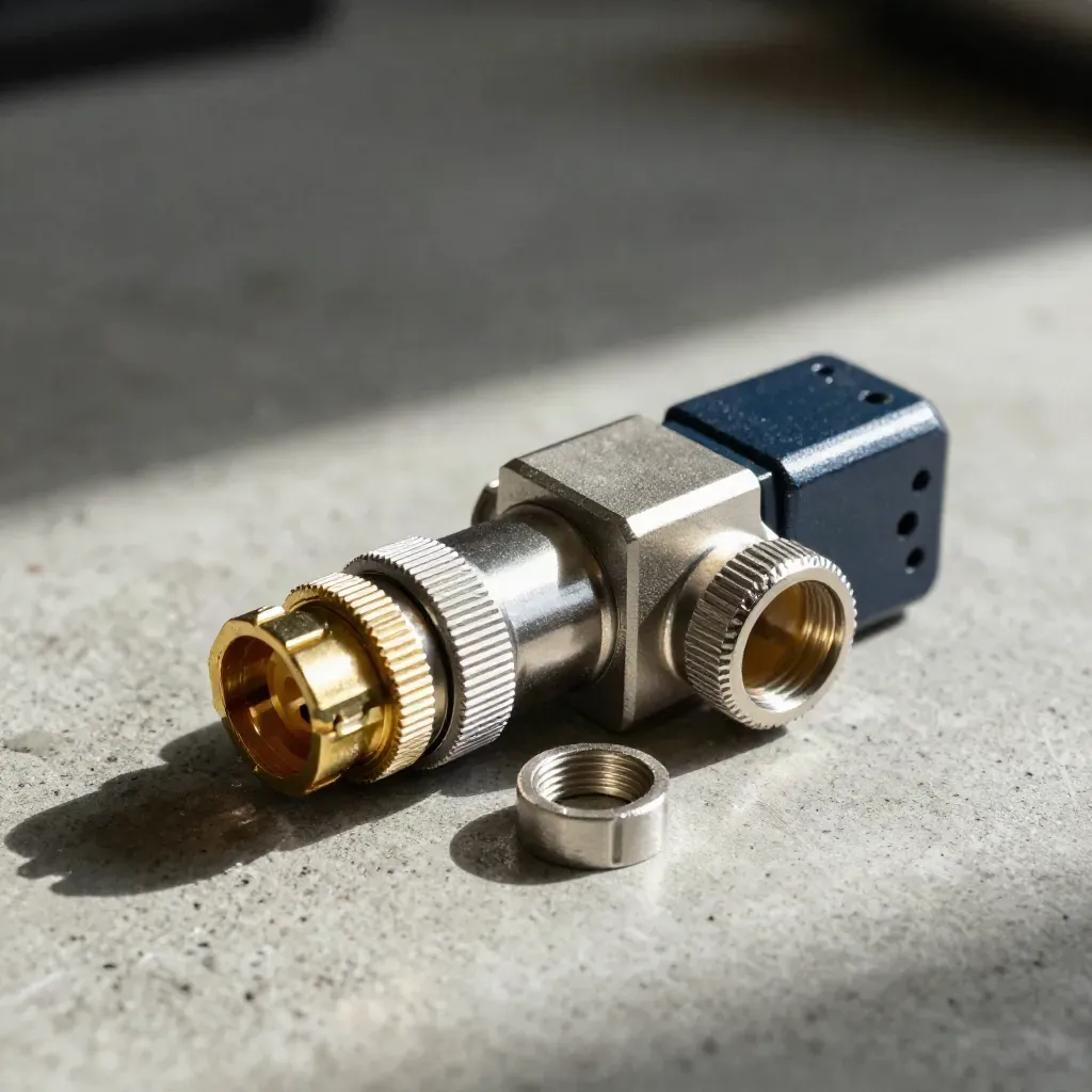 Connector block, coupling sleeve, pins, and cable ferrule on a concrete workbench in soft daylight.