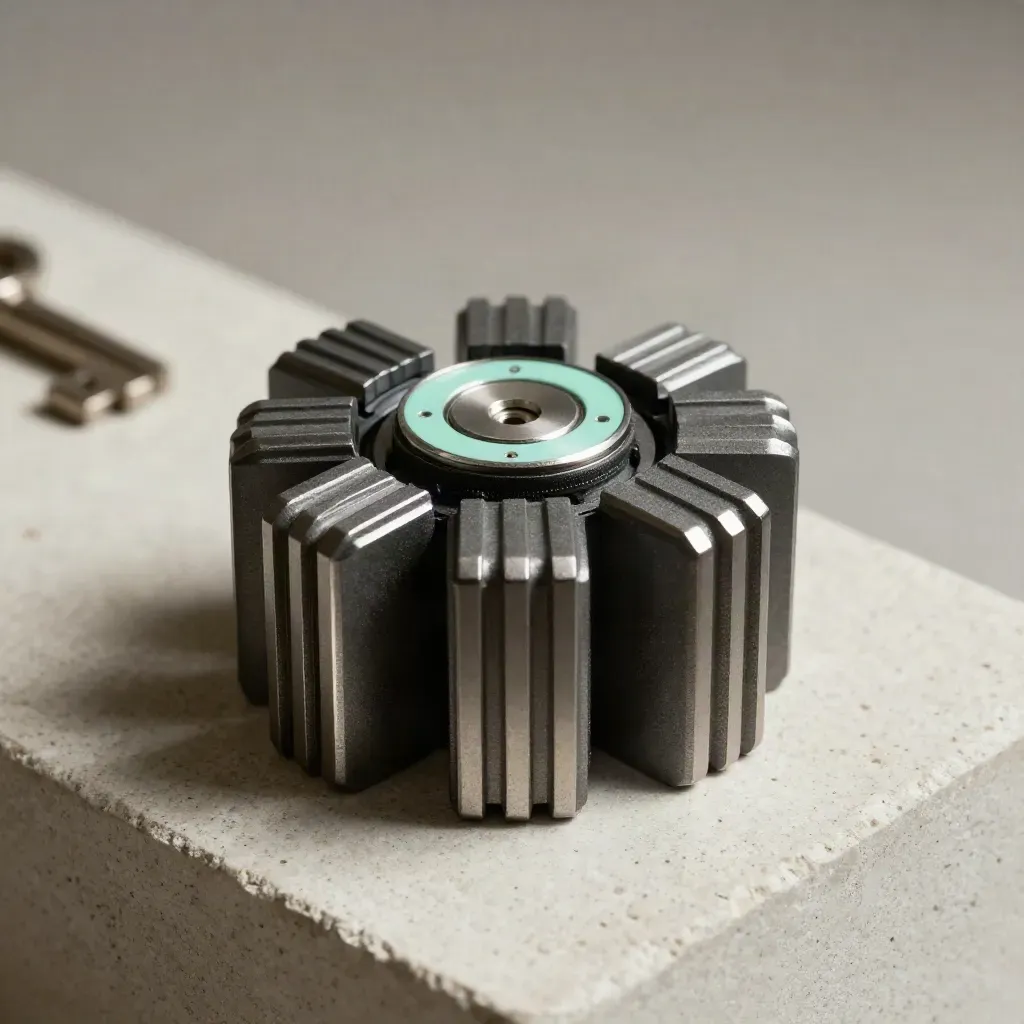 Macro of graphite sensor pucks orbiting a calibration hub on stone.
