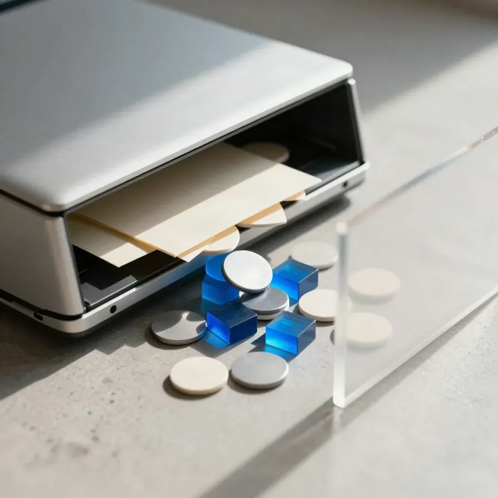 Aluminum laptop with voting chips, index cards, and planning blocks beside a blurred acrylic divider.