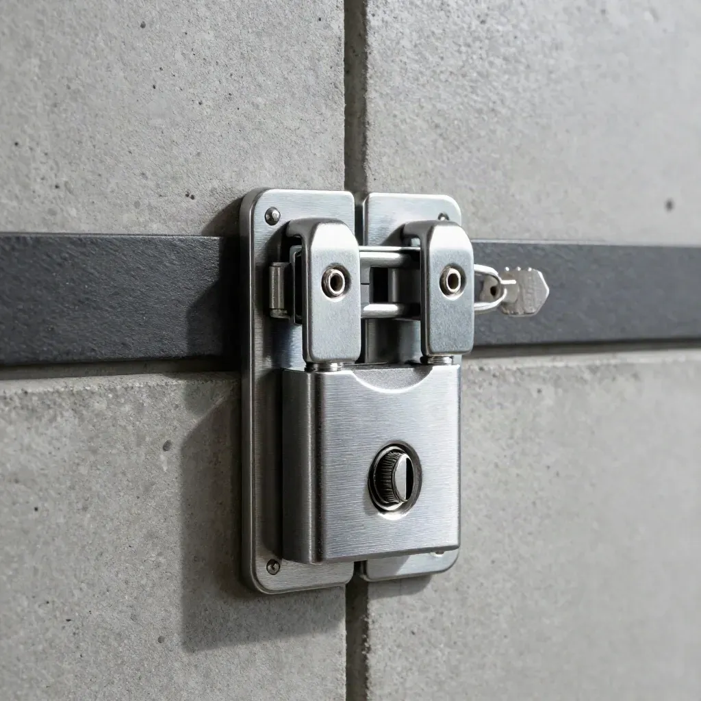 Top-down macro of a locked steel latch with lock cylinder and tamper seals on concrete.