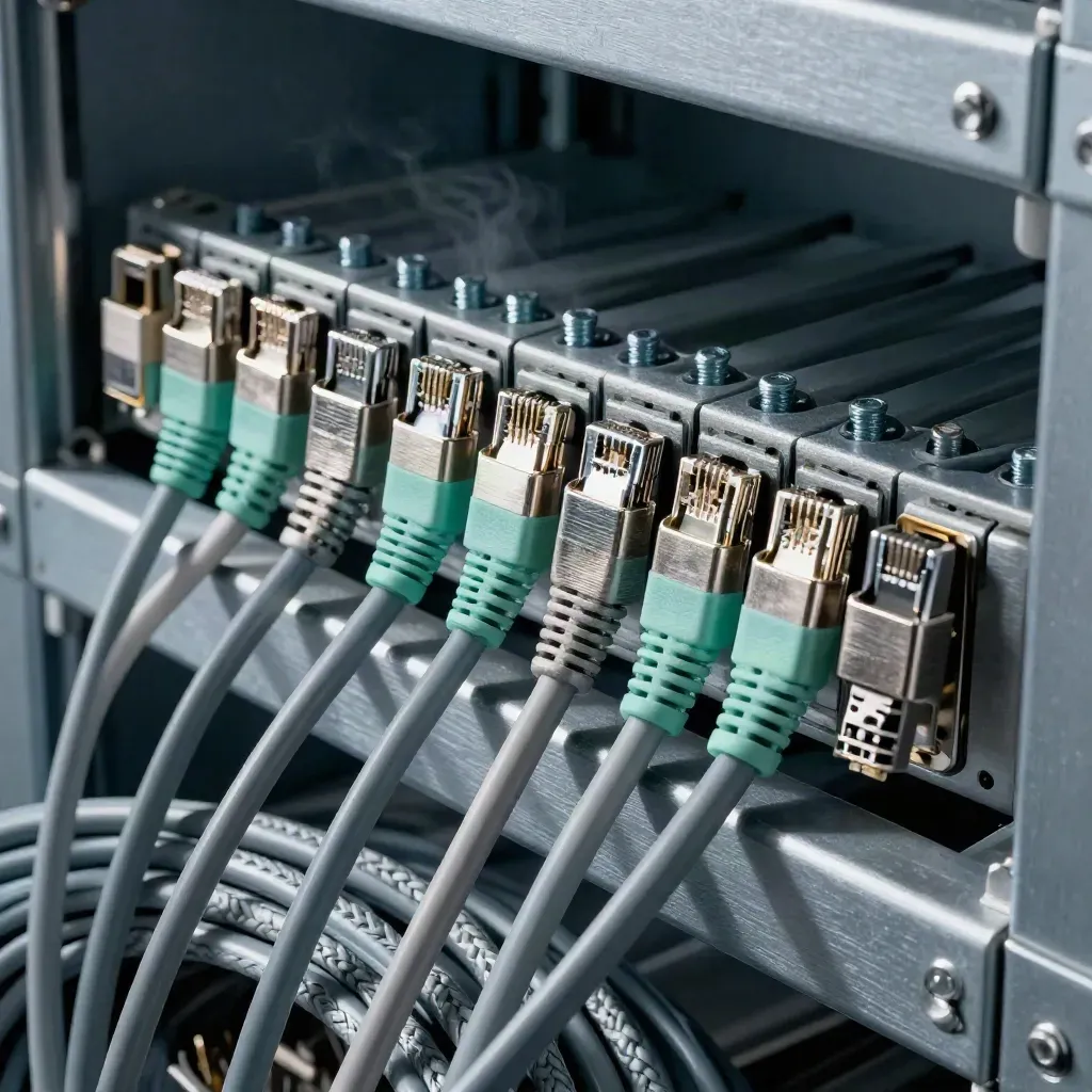 Braided ethernet cables, SFP shells and rack screws on a server-rack shelf, shot through a cable coil.