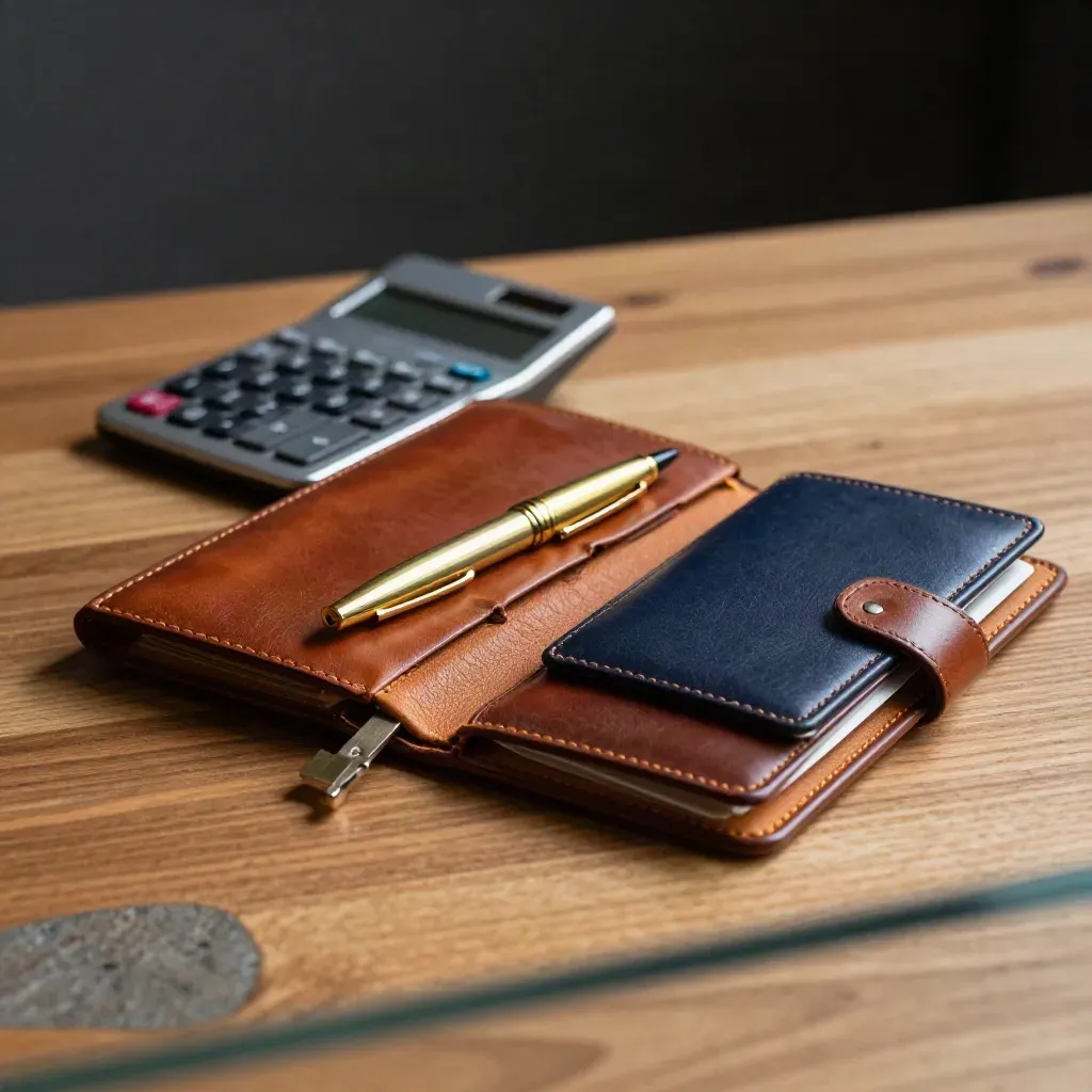 Macro still life of a founder's leather folio, brass pen, calculator and card wallet in low studio light.