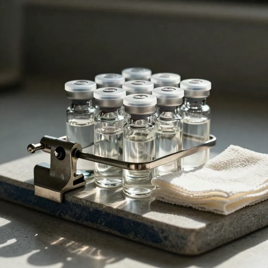 Glass vials clamped beside folded gauze on stone, dramatic still life