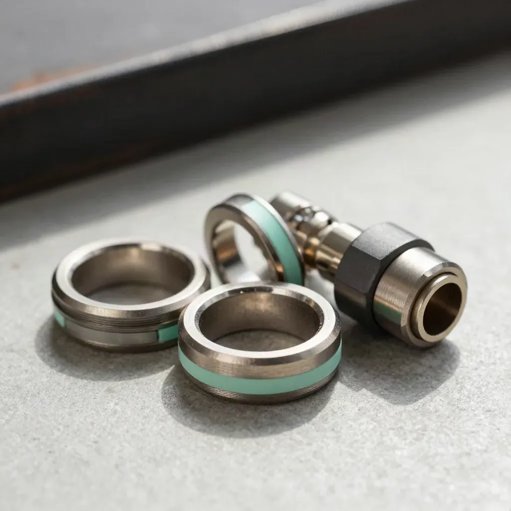 Machined rings, a cable loop and connector block on stone, lit with soft side daylight.