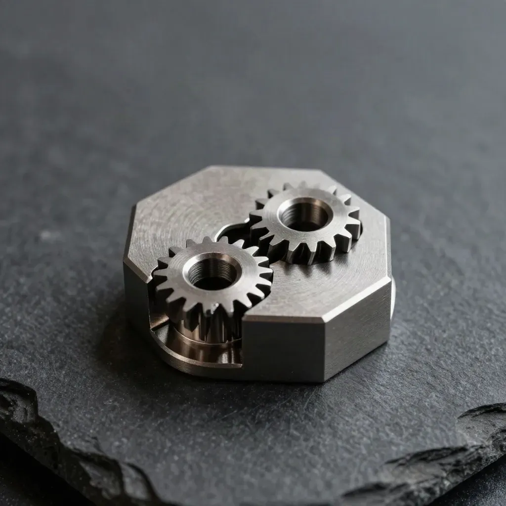 Hexagonal metal blocks, gear, and magnetic dock puck on matte stone in dramatic top-down light.