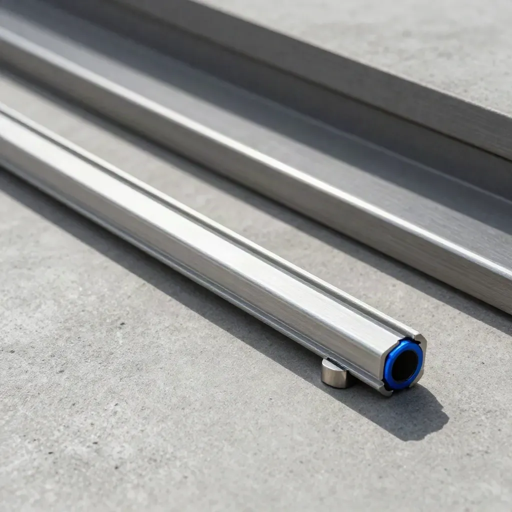 Brushed metal rails aligned in a precise seam, with a small electric-blue spacer on concrete.