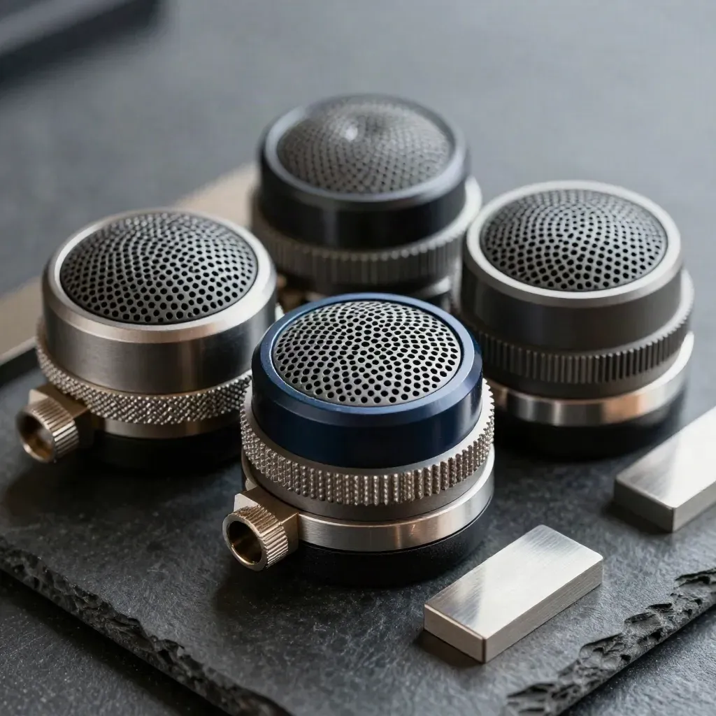 Telemetry sensor pucks and mesh domes clustered on charcoal stone in dramatic macro light.