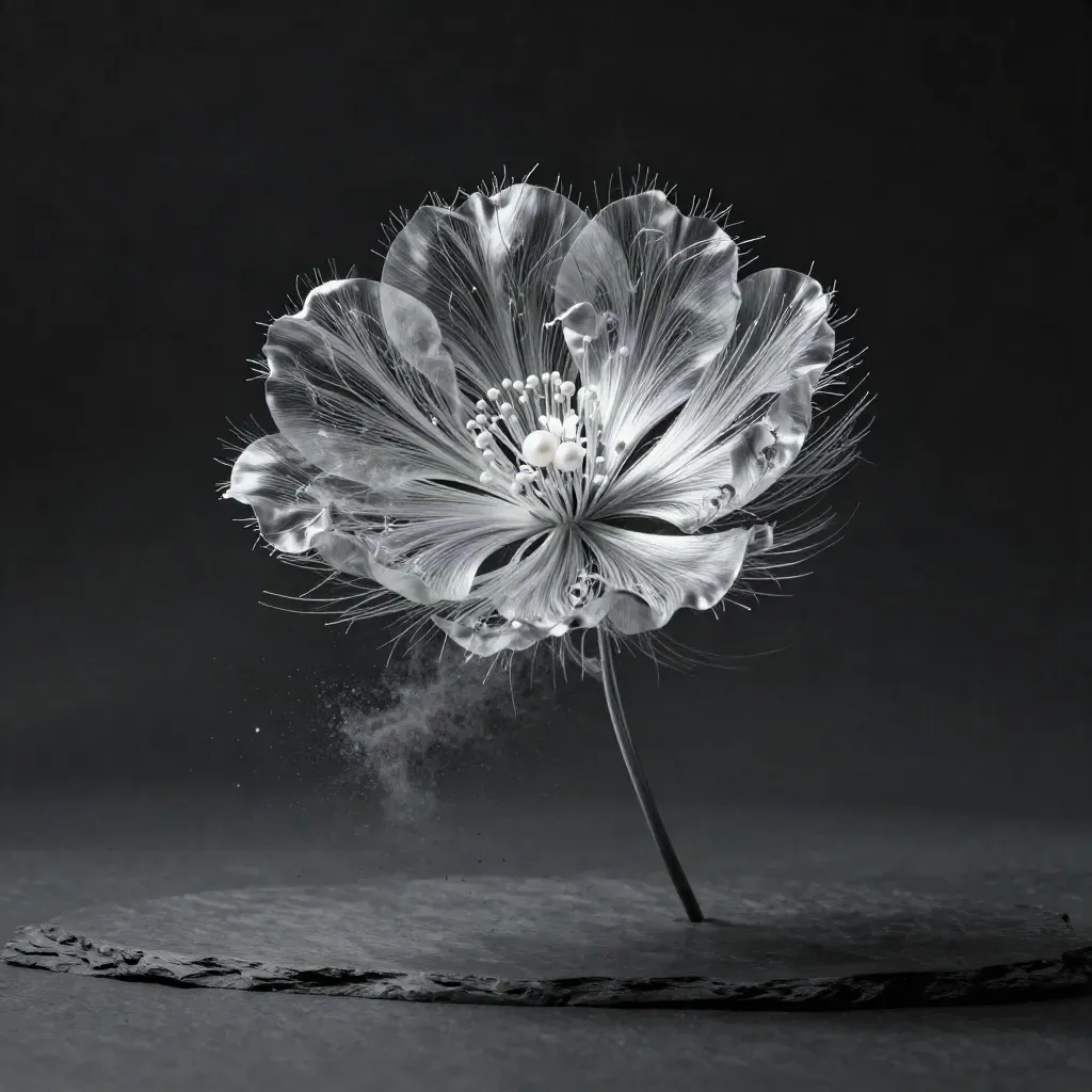 Silver filaments converge to a white bloom in a dark void with drifting haze and motes.
